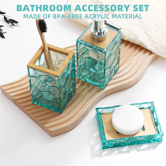 Teal Blue Beach Bathroom Accessories Set, Toothbrush Holder, Soap Dispenser, Cotton Swabs Holder, Soap Dish, Toilet Brush with Holder, Boho Bamboo Bathroom Decor,Acrylic (Teal)