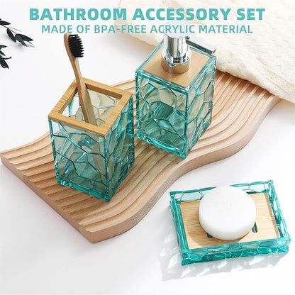 Teal Blue Beach Bathroom Accessories Set, Toothbrush Holder, Soap Dispenser, Cotton Swabs Holder, Soap Dish, Toilet Brush with Holder, Boho Bamboo Bathroom Decor,Acrylic (Teal)