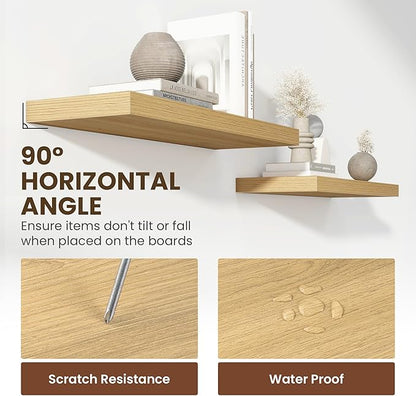 24 Inch Floating Shelves, 12 Inch Deep Floating Shelves for Wall, Floating Shelf with Invisible Brackets, Deep Shelves for Bathroom, Bedroom, Living Room, 2 Pack, Natural