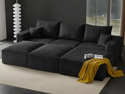 Boneless Sectional Cloud Couch Sofa Bed for Living Room, 112" Modular Modern Lounge 3 Seater Sleeper Black Couches with Chaise, No Assemble, Cordury Compression Upholstered Sofas