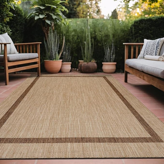 Bordered Outdoor Rug 5x7 Washable Outside Carpet for Indoor Patio Porch Waterproof Easy Cleaning Non Shedding Area Rugs Jute Beige - Nut Brown 5 x 7