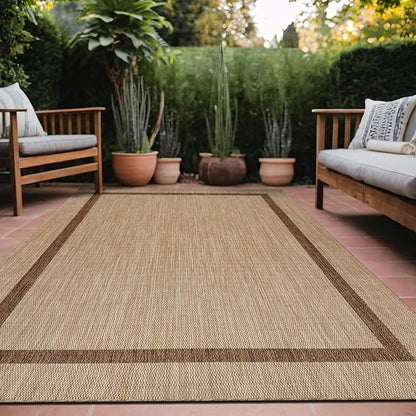 Bordered Outdoor Rug 6x9 Washable Outside Carpet for Indoor Patio Porch Waterproof Easy Cleaning Non Shedding Area Rugs Jute Beige - Nut Brown 6 x 9