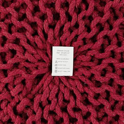 REDEARTH Round Pouf Ottoman - Hand Knitted Cable Boho Poof - Foot Stool Bean Bag - Home Décor Stuffed Footrest for Living Room - Nursery - Bedroom - 100% Cotton Poufs (19.5"x19.5"x14") - Red