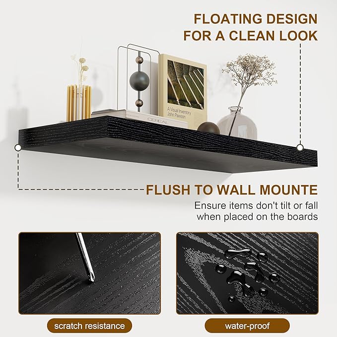 72 Inch Floating Shelves for Wall, 8 Inch Deep Floating Shelf, Large Shelves with Invisible Bracket for Books|Storage, Rustic Wood Wall Shelf for Bedroom, Kitchen, Living Room, Black
