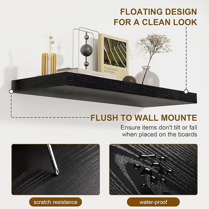 72 Inch Floating Shelves for Wall, 8 Inch Deep Floating Shelf, Large Shelves with Invisible Bracket for Books|Storage, Rustic Wood Wall Shelf for Bedroom, Kitchen, Living Room, Black