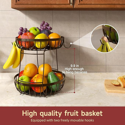 2 Tier Fruit Basket for Kitchen Counter with 2 Banana Hangers, Metal Stackable Fruit Bowl for Kitchen Counter for Bread Vegetable Fruits, Brown