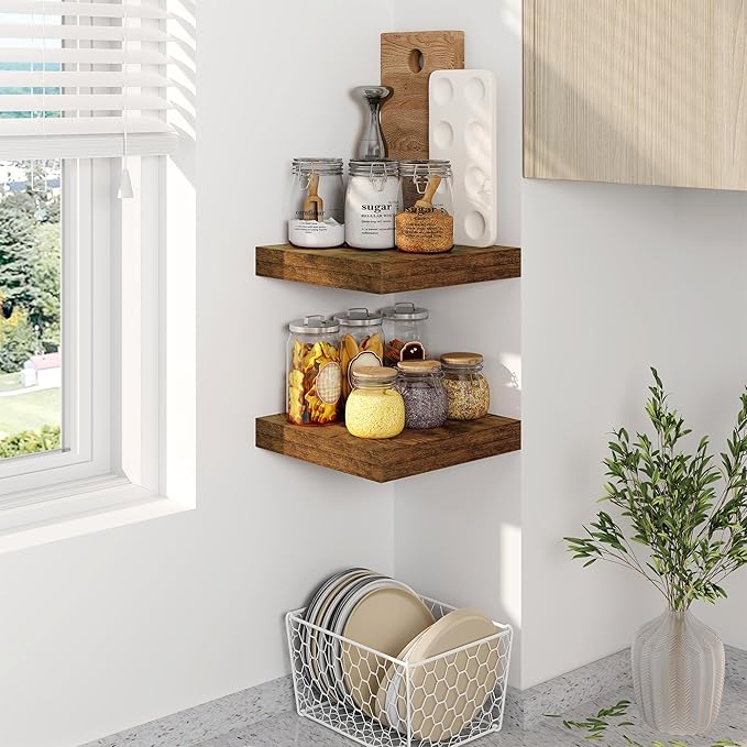 Fun Memories Floating Shelves, 8 Inch Deep Floating Shelves for Wall, 8 x 8 Wall Shelves, Rustic Wood Floating Shelf for Living Room, Bedroom, Bathroom, Rustic Brown Color, Set of 2