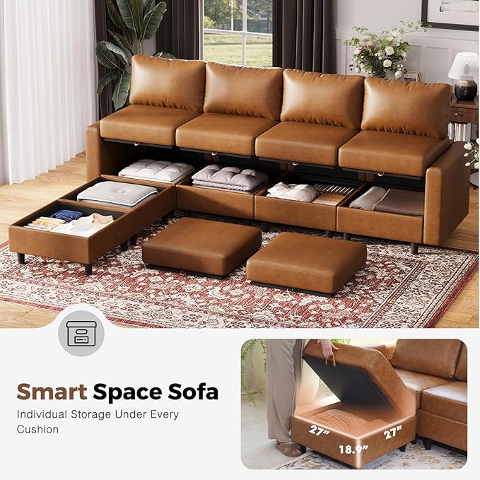 118.5" Faux Leather Modular Sectional Sofa with Storage Seat, Modern 6 Seater Couch Deep Seat with Removable Cover DIY Combination Brown