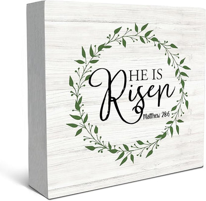 SRADMO He Is Resen Wood Box Sign Desk Decor, Christian Decor Wooden Sign Decoration For Home Office, Wooden Sign Decorations Indoor, Christian Signs For Home Decor Shelf Table Decor