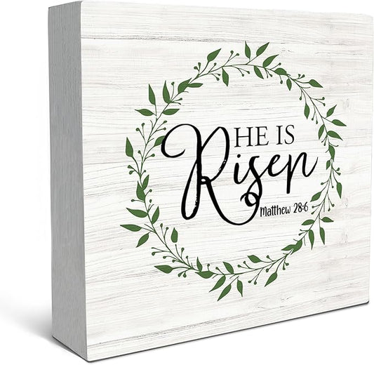 SRADMO He Is Resen Wood Box Sign Desk Decor, Christian Decor Wooden Sign Decoration For Home Office, Wooden Sign Decorations Indoor, Christian Signs For Home Decor Shelf Table Decor