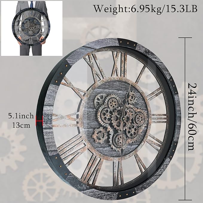 24 Inch Industrial Steampunk Wall Clock, Oversized Solid Wood Frame, Battery Operated, Large Wall Clock with Real Rotating Gears, Gray