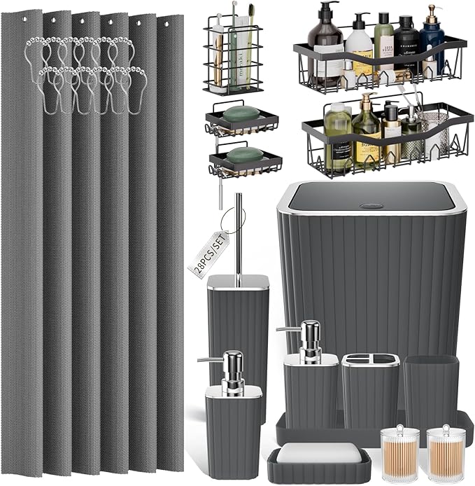 28PC Bathroom Accessories Set - Gorgeous Grey Bathroom Set with Shower Caddy and Shower Curtain, Bathroom Accessory Set, Trash Can & Soap Dispenser