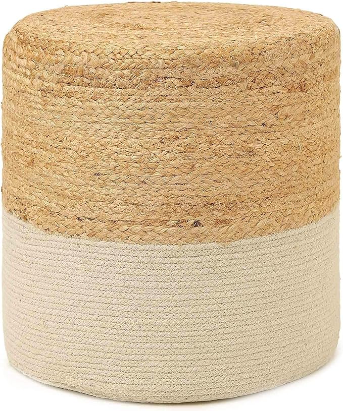 REDEARTH · Cylindrical Pouf Foot Stool Ottoman - Jute Braided Accent Sitting Footrest for The Living Room, Bedroom, Nursery, Patio, Lounge & Other Rooms in The Home (14.5”x14.5”x16”; Natural Ivory)