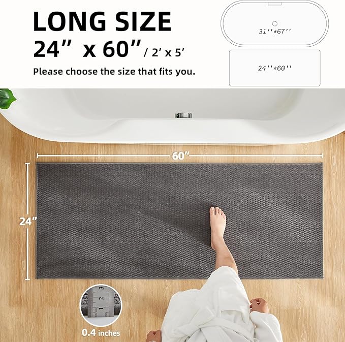 Bathroom Runner Rug, Long Bath Mat Washable Thin Quick Dry Low Pile Bathroom Runner Rugs 24 x 60 Non Slip, Dark Grey 24"x60"