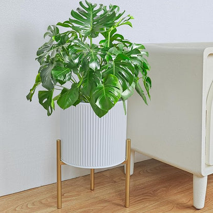 ARNIS Modern Planter Pots, Set of 2 Round Large Planters with Stand, Decorative Floor Planters, Metal Pots with Drainage Holes for Living Room, Office, Garden or Balcony, 8.25 &10.5 Inch, White & Gold
