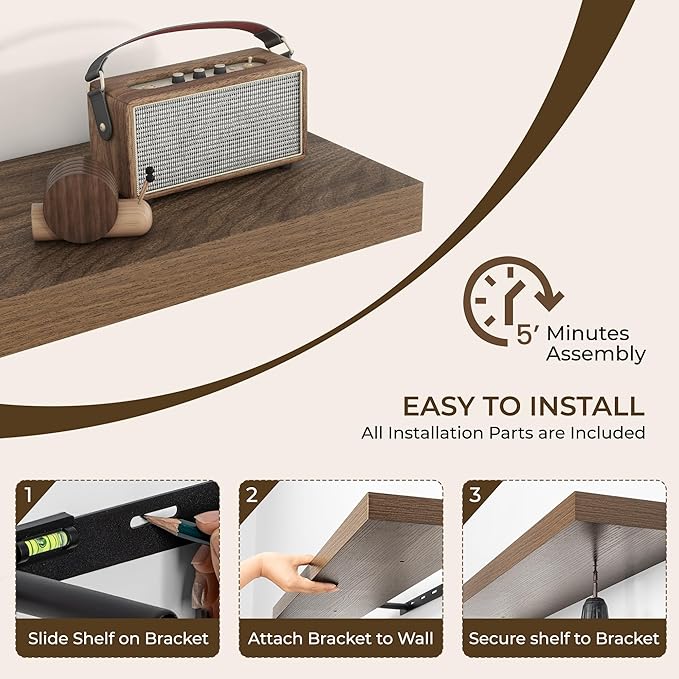 RICHFOCUS 48Inch Floating Shelves for Wall 2 Pack Shelves for Bedroom|Kitchen|Bathroom Wall Mounted Rustic Wood Floating Shelf with Invisible Brackets for Books|Storage|Decor, Walnut