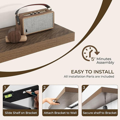 RICHFOCUS 31.5Inch Floating Shelves for Wall 2 Pack Shelves for Bedroom|Kitchen|Bathroom Wall Mounted Rustic Wood Floating Shelf with Invisible Brackets for Books|Storage|Decor, Walnut