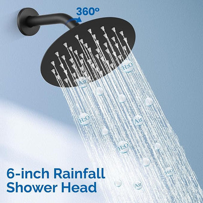 Airuida Shower Faucet Set,Single Function Shower Trim Kit,Wall Mount 6 Inch Round Rainfall Shower Head and Handle Set,Single Handle Shower System Set Male Threads Rough-in Valve Matte Black