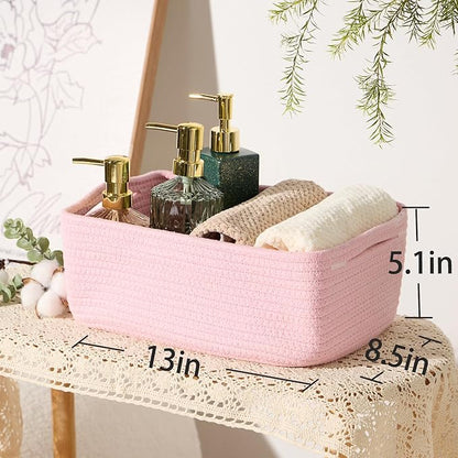 Small Storage Baskets for Organizing | Closet Organizer Bins | Shelf Toy Basket | Woven Rope Baskets | Cube Decorative Box | Shallow Basket | 13x8.5x5.1” | 3 Packs Pink