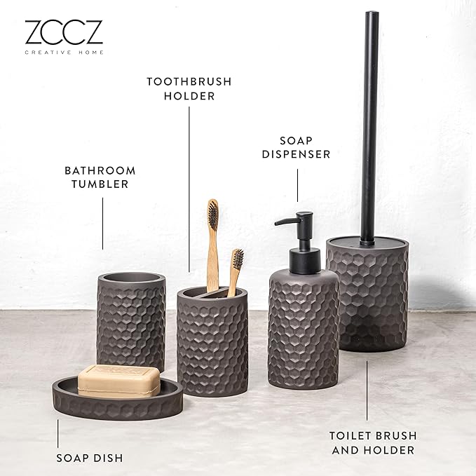 zccz Bathroom Accessories Set 5 Pcs - Soap Dispenser, Toilet Brush Holder, Toothbrush Holder, Bathroom Tumbler, Soap Dish - Vintage Bathroom Accessory Set Decor Countertop Vanity Organizer, Warm Grey
