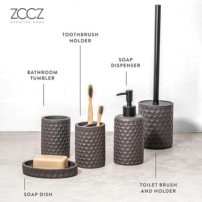 zccz Bathroom Accessories Set 5 Pcs - Soap Dispenser, Toilet Brush Holder, Toothbrush Holder, Bathroom Tumbler, Soap Dish - Vintage Bathroom Accessory Set Decor Countertop Vanity Organizer, Warm Grey
