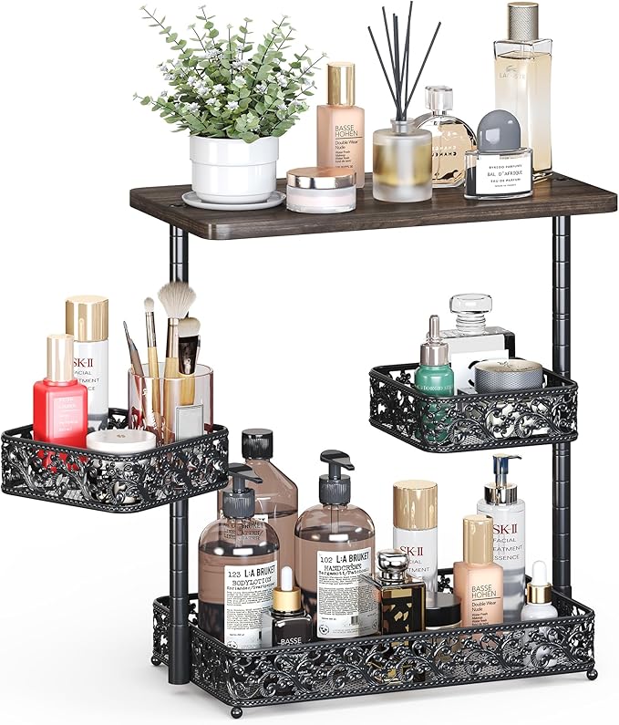 3 Tier Storage Organizer Countertop,Bathroom Sink Organizer Countertop with Two Rotating 360° Metal Baskets for Bathroom Kitchen Dresser Bedroom Office Spice Rack Perfume Toiletries Makeup (Black)