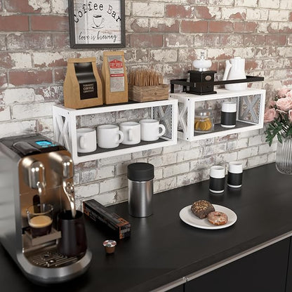 RICHER HOUSE Floating Shelves with Guardrail, Rustic Wood Shelves for Wall Décor, Farmhouse Bathroom Accessories Wall Mounted, Bathroom Organizer Over Toilet Storage, Kitchen, Living Room - White