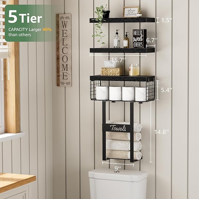 Bathroom Shelves Over Toilet - Floating Shelf for Wall Above Toilet Towels Holder Small Farmhouse Decor Shelves (15.7 inch, Set of 3, Black)