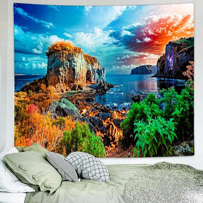 Delur Coastal Ocean Beach Tapestry Tropical Forest Tree Sunrise Sea Landscape Tapestry Wall Hanging Wave Sunset Nature Colorful Spiritual Headboard for Bedroom Living Room Home Decor (70.8" x 92.5")