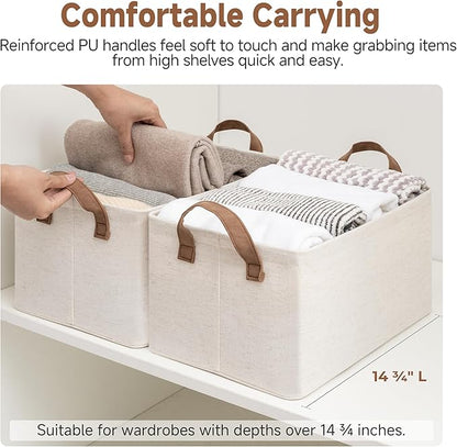 StorageWorks Storage Bins, Shelves Baskets for Organizing, Fabric Closet Organizers with Handles, Metal Frame, Beige（Cotton-linen）, 2-Pack