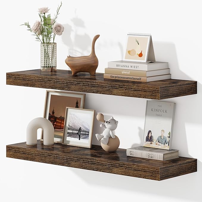 32 Inches Floating Shelves for Wall, 9.3" Deep Long Floating Shelves Set of 2, Large Display & Storage Shelf, Wall Shelf for Bathroom Bedroom Living Room Kitchen Office, Rustic Brown