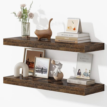 32 Inches Floating Shelves for Wall, 9.3" Deep Long Floating Shelves Set of 2, Large Display & Storage Shelf, Wall Shelf for Bathroom Bedroom Living Room Kitchen Office, Rustic Brown