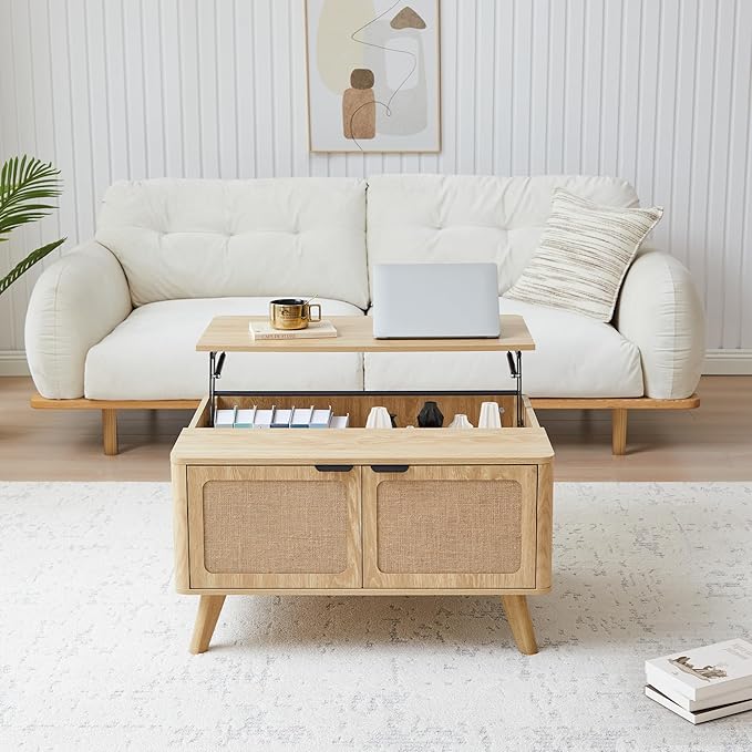 AVZEAR Wood Lift Top Coffee Table with Storage, Boho Modern Coffee Table with Nature Linen Doors & Large Hidden Storage, Rounded Corners Center Table Farmhouse Coffee Tables for Living Room, Natural