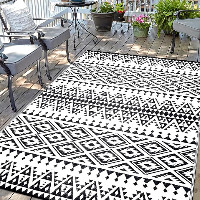 Waterproof Outdoor Rug 8x10ft, Bohemia Reversible Plastic Straw Mat for Patio RV Deck Porch Backyard Balcony Camping Picnic Beach Indoor Outdoor Carpet, Black&White