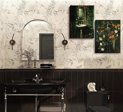 3Pcs Framed Vintage Dark Green Bathroom Wall Art Shower Toilet Paper Roll Floral Poster Print Modern Farmhouse plants Painting Picture Wall Decor For Bathroom Living Room Decoration
