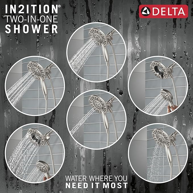 Delta Faucet Albion 14 Series Single-Handle Shower Faucet, Brushed Nickel Shower Trim Kit with In2ition 2-in-1 Dual Hand Held Shower Head, Spotshield Brushed Nickel T142855-SP-I (Valve Not Included)