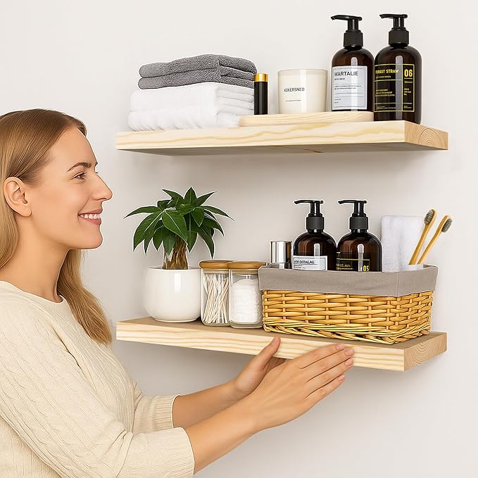 BGMG Wood Floating Shelves 24 inch, Wide Rustic Wooden Wall Shelves for Bathroom Living Room Bedroom Kitchen Farmhouse Set of 2-24x 6.7 x1.25 inch- DIY-Unfinished