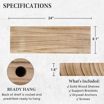 Axeman Floating Shelves, 2 Pack 8 Inch Deep Modern Solid Wood Wall Shelves for Storage, Wall Mounted Display Shelving with Invisible Heavy-Duty Metal Bracket, 24" W x 8" D x 1.6" H, Light Carbonized