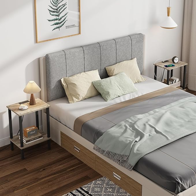 TUTOTAK End Table with Charging Station, Small Side Table with Outlets, Nightstand Bedside Table, 2-Tier Storage Shelf for Small Space, Living Room, Bedroom, Greige TB01BG040