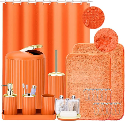24 PCS Orange Bathroom Accessories Set with Shower Curtain and Rugs, Bathroom Sets with Extra Soft and Absorbent Bath Rugs Shower Curtain Orange Bathroom Accessory for Bath