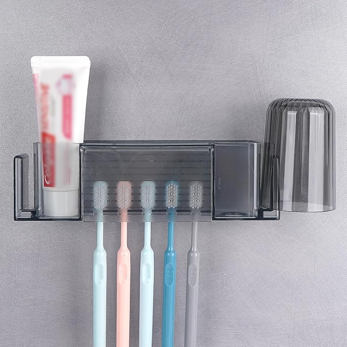 5 Slots Wall Mount Toothbrush Holder with Cover, Self Adhesive Toothbrush Storage Organizer for Shower, Toothpaste & Toothbrush Hanger for Bathroom, Medicine Cabinet, Dorm (Gray Large)