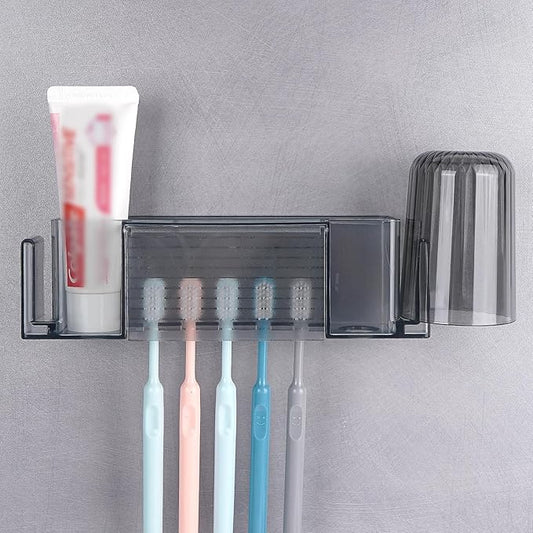 5 Slots Wall Mount Toothbrush Holder with Cover, Self Adhesive Toothbrush Storage Organizer for Shower, Toothpaste & Toothbrush Hanger for Bathroom, Medicine Cabinet, Dorm (Gray Large)