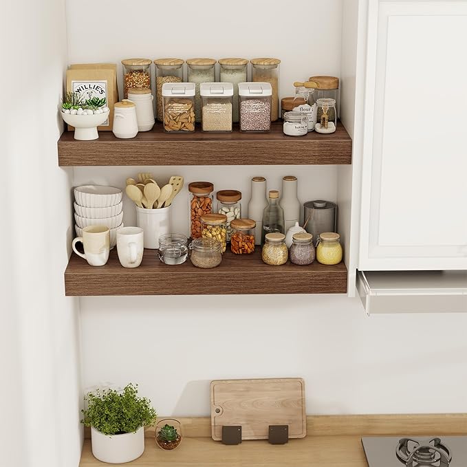 30 Inch Floating Shelves, 12" Deep Floating Shelf Wall Mounted, 30" Wall Shelves, Rustic Deep Bookshelf, Extra Deeper & Thicker Display Shelves for Bedroom, Living Room, Walnut, Set of 2