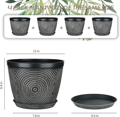 Quarut 12 Inch 4 Pack Large Plant Pots, Plastic Flower Pot for Indoor & Outdoor with Drainage Holes & Saucer, Circle Pattern Planters Garden Pots for Herbs