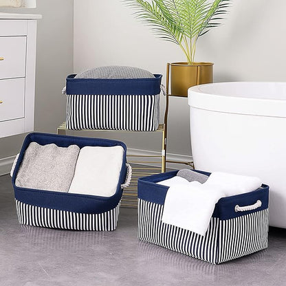 TcaFmac Storage Basket for Organizing - Large 4 Pack Foldable Storage Bins Baskets for Shelves with Ropes, Fabric Storage Cubes for Cloth Toy Gift Kids (Navy & White 16x12x8 inch)