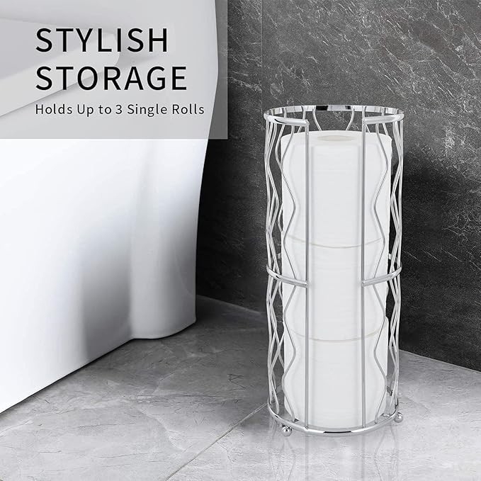 Decorative Metal Standing Toilet Tissue Holder for Bathroom/Powder Room, Compact Tissue Reserve for 3 Jumbo Rolls of Extra Toilet Paper Chrome