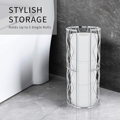 Decorative Metal Standing Toilet Tissue Holder for Bathroom/Powder Room, Compact Tissue Reserve for 3 Jumbo Rolls of Extra Toilet Paper Chrome