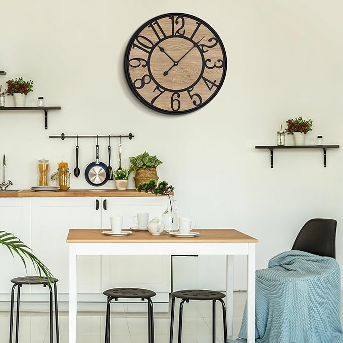 Large Wall Clock for Living Room Decor, Non Ticking Silent, Battery Operated Modern Vintage Wood Oversized Decorative Wall Clock for Bedroom Kitchen Farmhouse Office Decor