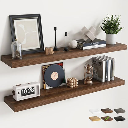 48 Inch Floating Shelves for Wall Set of 2, 8"D Wood Grain Bathroom Shelves with Invisible Brackets, Easy Install Engineered Wood Storage Shelves for Kitchen, Living Room, Bedroom, Walnut Finish