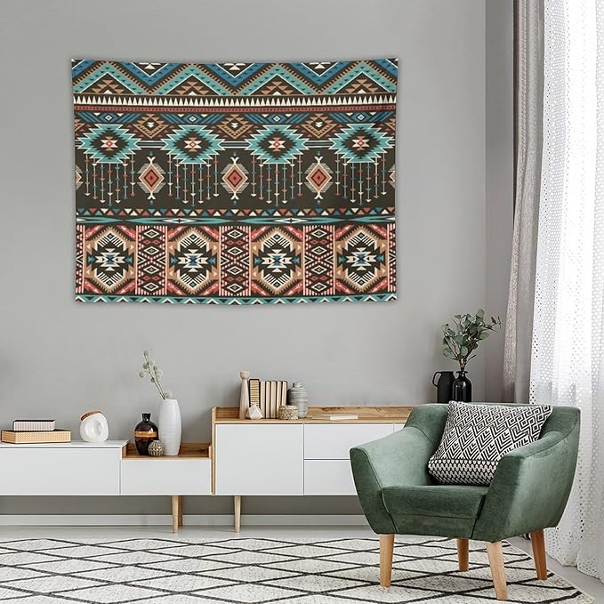 HZOHNAGO Aztec Tapestry Turquoise Blue and Brown and Native American Tribal Pattern Printed Wall Tapestry Wall Hanging for Bedroom Living Room Dorm 40" W x 30" H